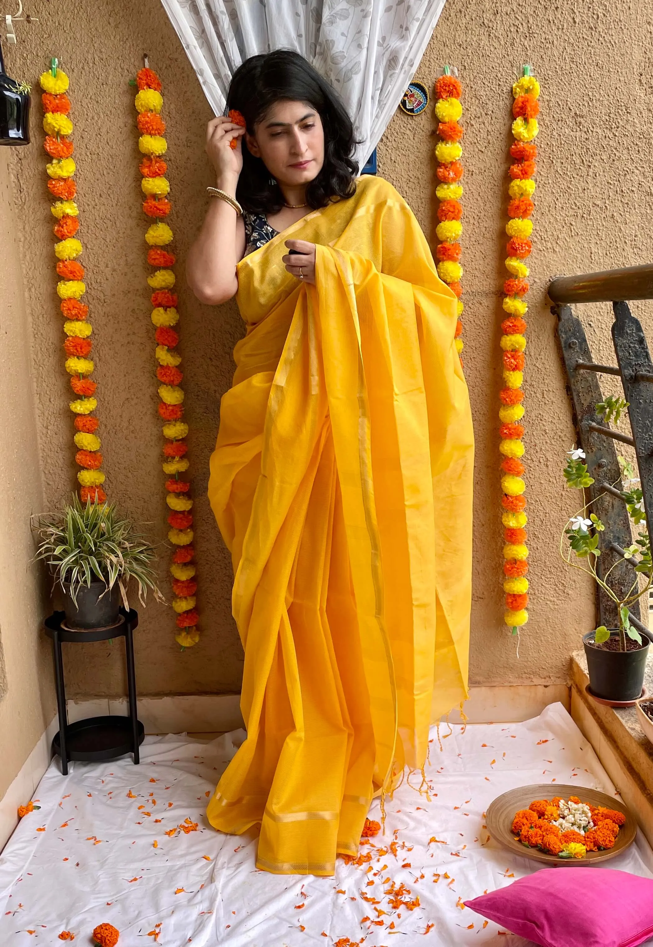 Yellow Maheshwari Saree ~ Rang collection